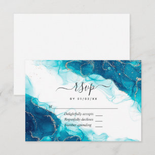 Turquoise and Gold Alcohol Ink Wedding RSVP Card