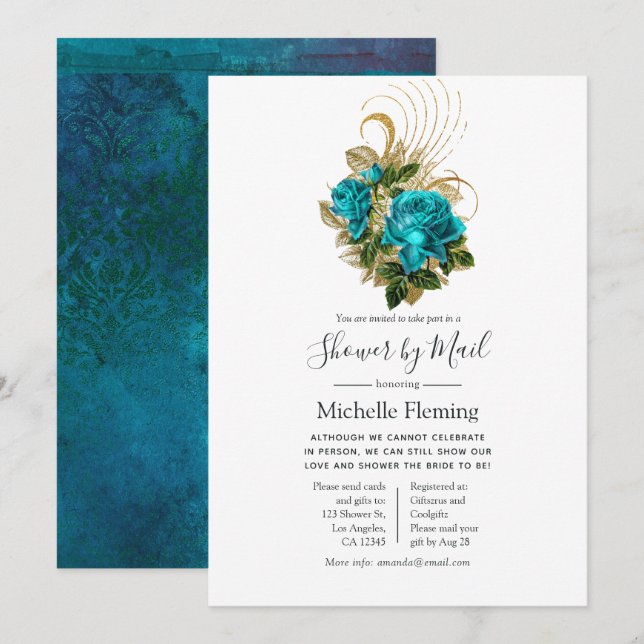 Turquoise and Gold Baby or Bridal Shower by Mail Invitation (Front/Back)
