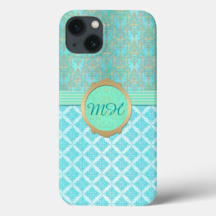 Turquoise and Gold Damask Custom Monogram Pattern iPhone 13 Case