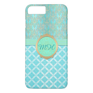 Turquoise and Gold Damask Custom Monogram Pattern iPhone 8 Plus/7 Plus Case