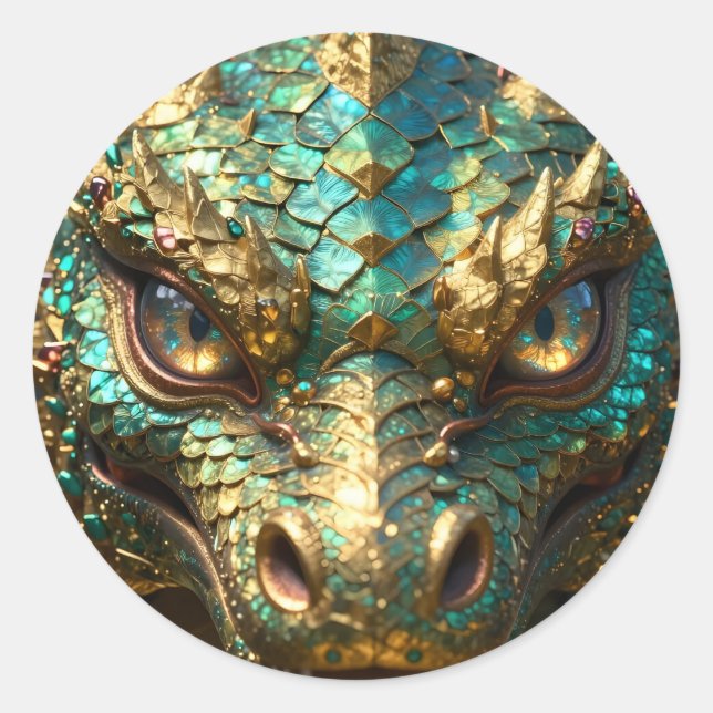 Turquoise and Gold Dragon  Classic Round Sticker (Front)
