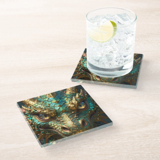 Turquoise and Gold Dragon Face Glass Coaster (Angled)