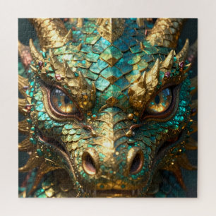 Turquoise and Gold Dragon Face Jigsaw Puzzle
