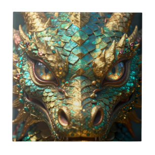 Turquoise and Gold Dragon Face Tile