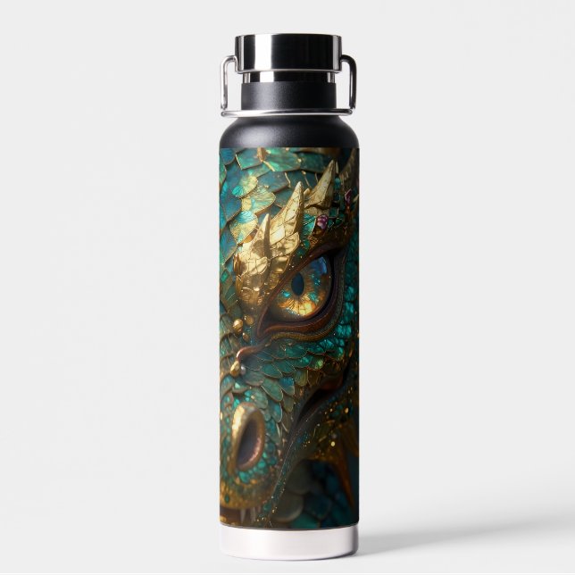Turquoise and Gold Dragon Face Water Bottle (Back)