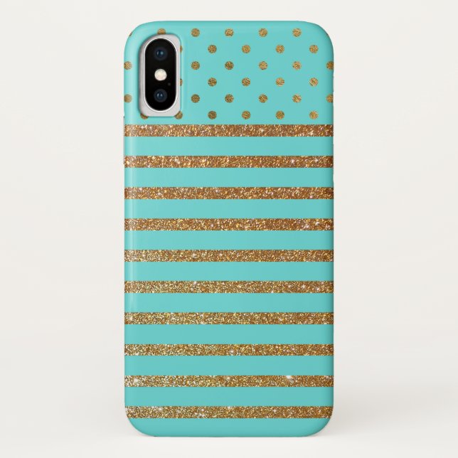 Turquoise and Gold Faux Glitter iPhone X Case (Back)