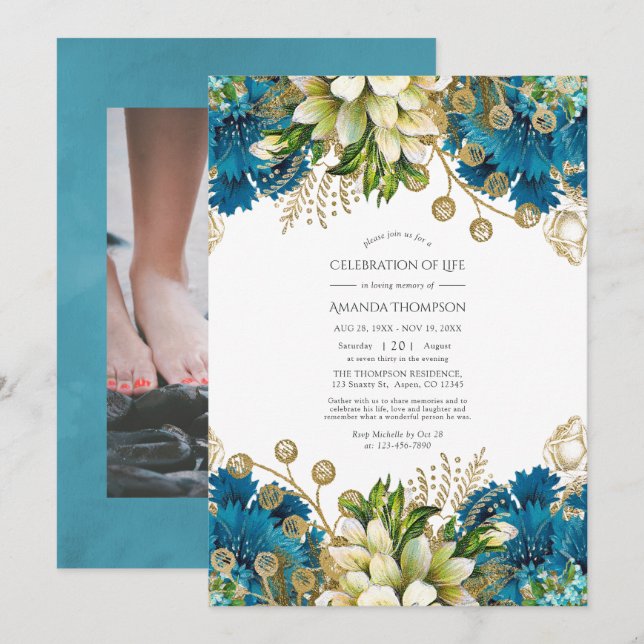 Turquoise and Gold Floral Celebration of Life Invitation (Front/Back)