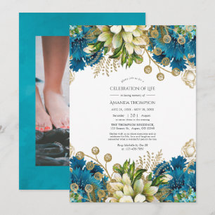 Turquoise and Gold Floral Celebration of Life Invitation