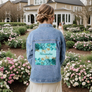Turquoise and Gold Floral Denim Jacket