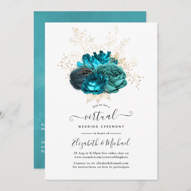 Turquoise and Gold Floral Online Virtual Wedding Invitation (Front/Back)
