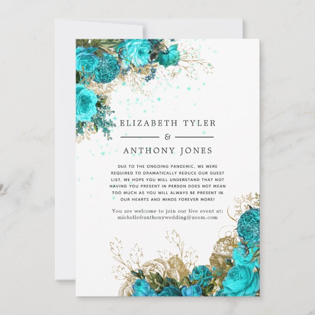 Turquoise and Gold Floral Reduced Guest List Announcement (Front)