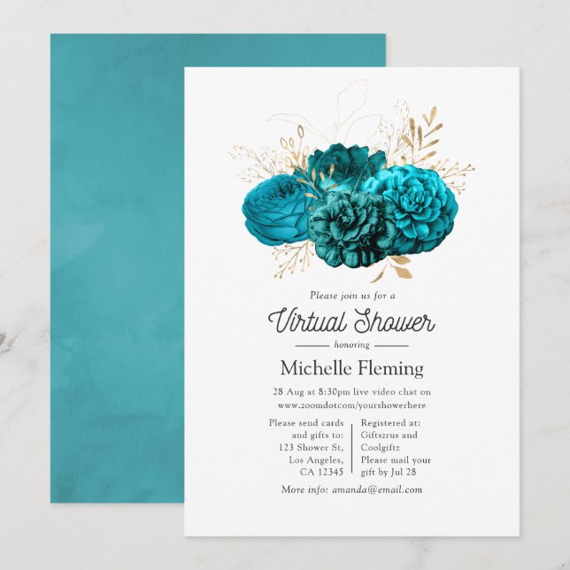 Turquoise and Gold Floral Virtual Shower Invitation (Front/Back)