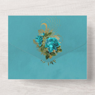 Turquoise and Gold  Floral Wedding All In One Invitation