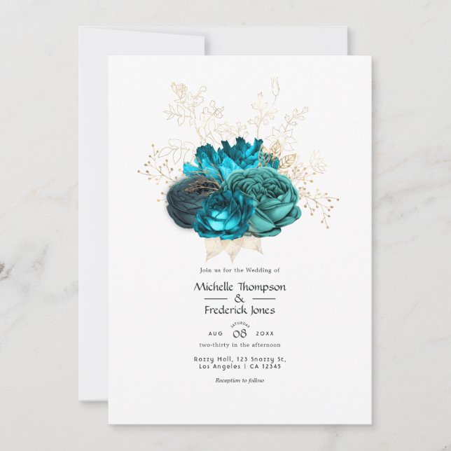 Turquoise and Gold Floral Wedding Invitation (Front)