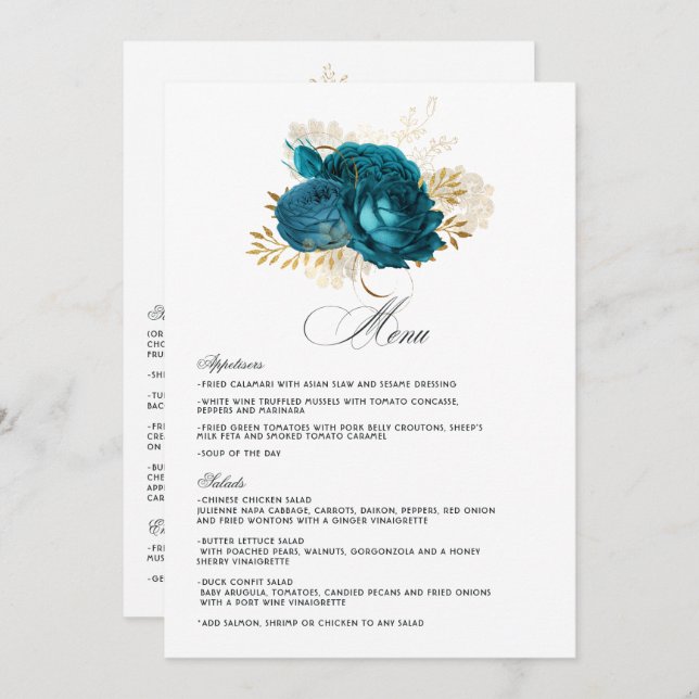 Turquoise and Gold Floral Wedding Menu (Front/Back)
