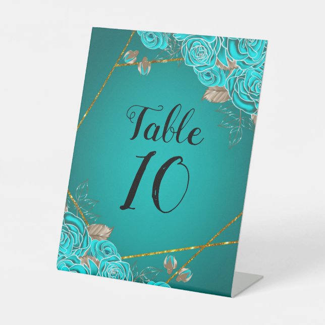 Turquoise and Gold Floral Wedding Table Number Pedestal Sign (Front)