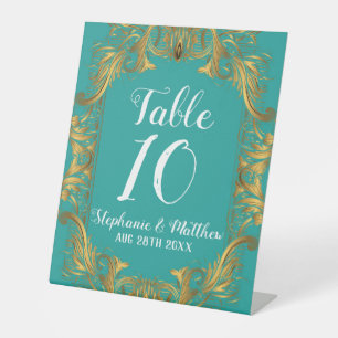 Turquoise and Gold Flourish Wedding Table Number Pedestal Sign