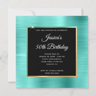 Turquoise and Gold Foil Black 50th Birthday Invitation