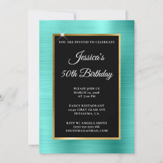 Turquoise and Gold Foil Black 50th Birthday Invitation