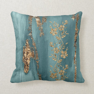 Turquoise and Gold Foil Flowers Cushion