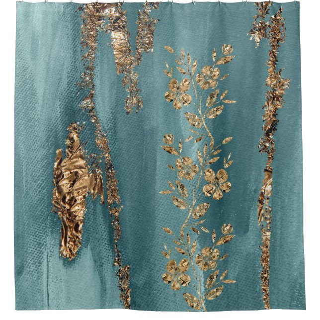 Turquoise and Gold Foil Flowers Shower Curtain (Front)