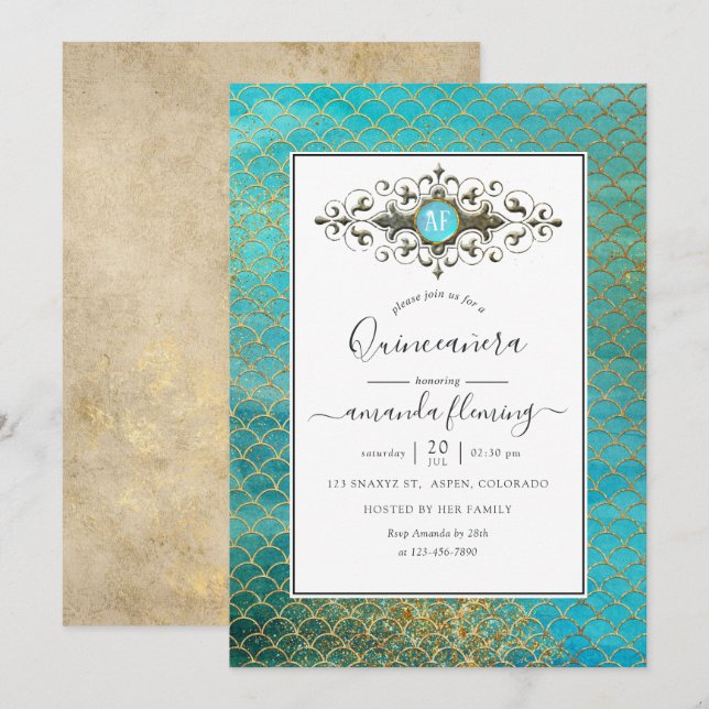 Turquoise and Gold Gemstone Mermaid Quinceañera Invitation (Front/Back)