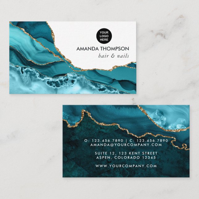 Turquoise and Gold Geode Agate Stone Business Card (Front/Back)