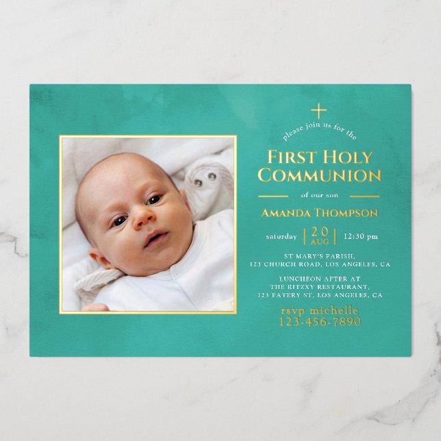 Turquoise and Gold Geometric Floral Holy Communion (Front)