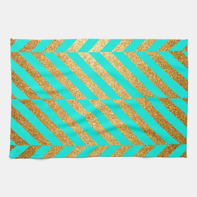 Turquoise and Gold Glitter Chevron Striped Pattern Tea Towel (Horizontal)