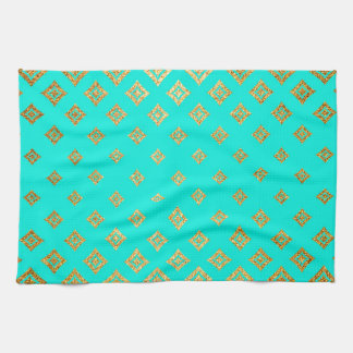 Turquoise and Gold Glitter Diamond Pattern Tea Towel