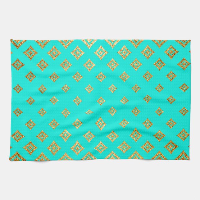 Turquoise and Gold Glitter Diamond Pattern Tea Towel (Horizontal)