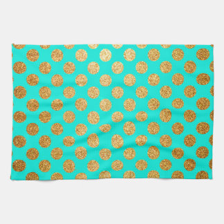 Turquoise and Gold Glitter Polka Dot Pattern Tea Towel