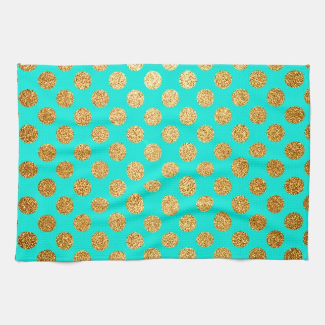 Turquoise and Gold Glitter Polka Dot Pattern Tea Towel (Horizontal)