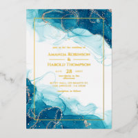 Turquoise and Gold Ink Wedding Foil Invitation
