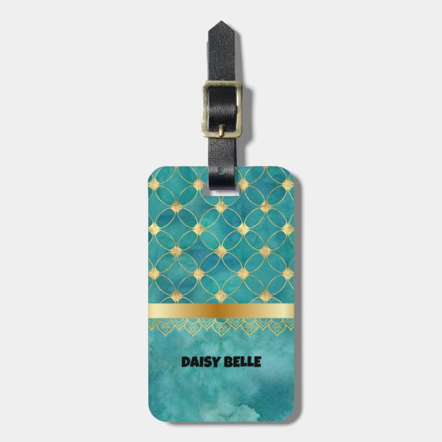 Turquoise and Gold Luggage Tag (Front Vertical)