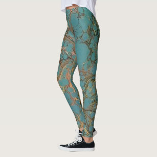 Turquoise and Gold, Marbled. Leggings