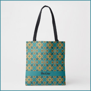 Turquoise and Gold Moroccan Tile Inspired Tote Bag
