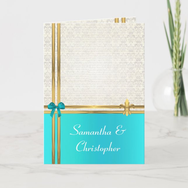 Turquoise and gold on  damask invitation (Front)