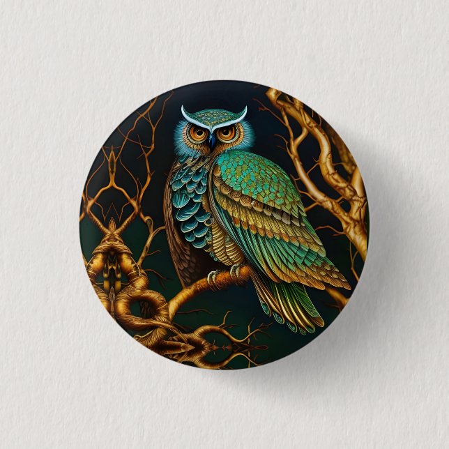Turquoise and Gold Owl 3 Cm Round Badge (Front)