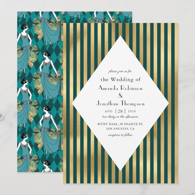 Turquoise and Gold Paris Art Deco Wedding Invitation (Front/Back)