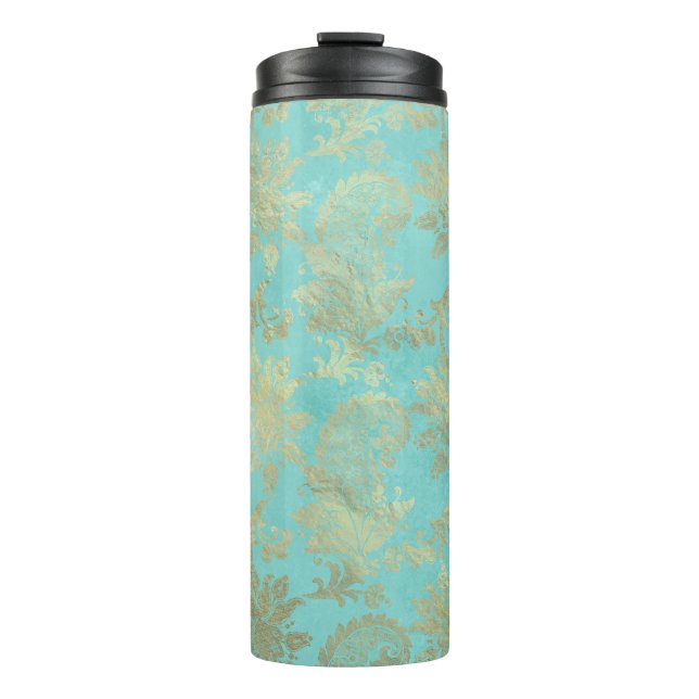 Turquoise and Gold Peacock Damask Thermal Tumbler (Front)