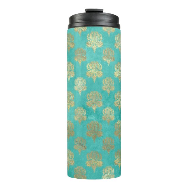 Turquoise and Gold Peacock Grunge Damask Thermal Tumbler (Front)
