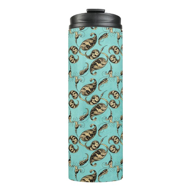 Turquoise and Gold Peacock Paisley Thermal Tumbler (Front)