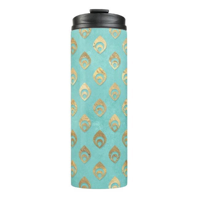 Turquoise and Gold Peacock Thermal Tumbler (Front)