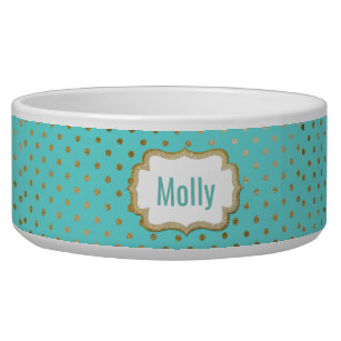 Turquoise and Gold Polka Dots Custom Pet Bowl