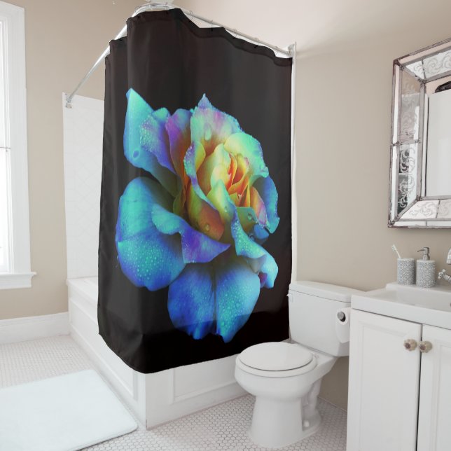 Turquoise and Gold Rainbow Rose Shower Curtain (In Situ)