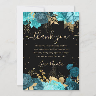 Turquoise and Gold Roses Floral Birthday Thank You Card
