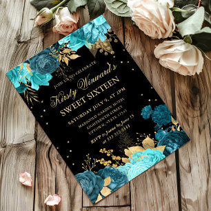 Turquoise and Gold Roses Floral Sweet Sixteen Invitation