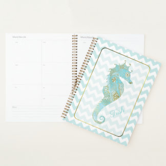 Turquoise and Gold Seahorse Personalised Planner