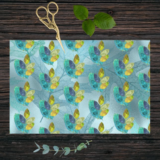 Turquoise and Gold Shiny Faux Watercolor Leaves Tissue Paper (Creator Uploaded)